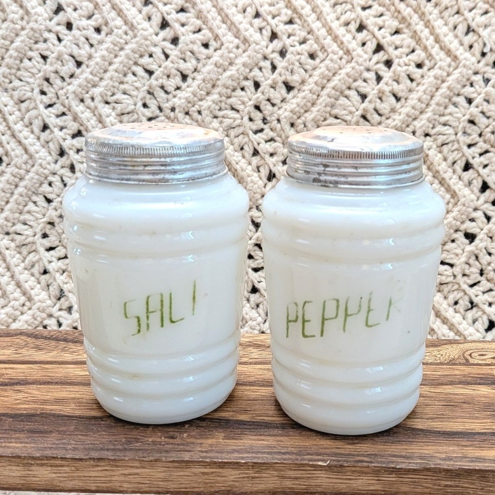 Vintage Milk Glass Salt and Pepper Shakers Beehive Ribbed White Green Lettering